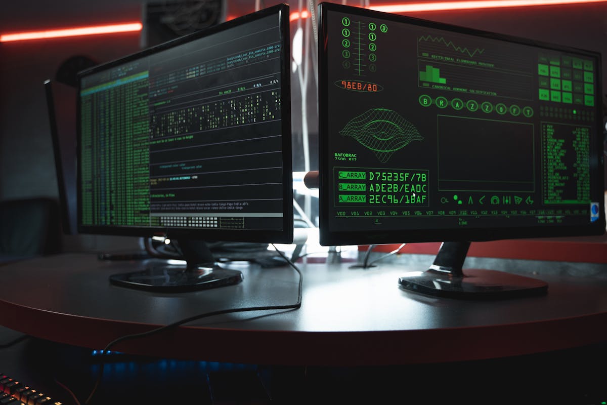 Computer monitors displaying cybersecurity code